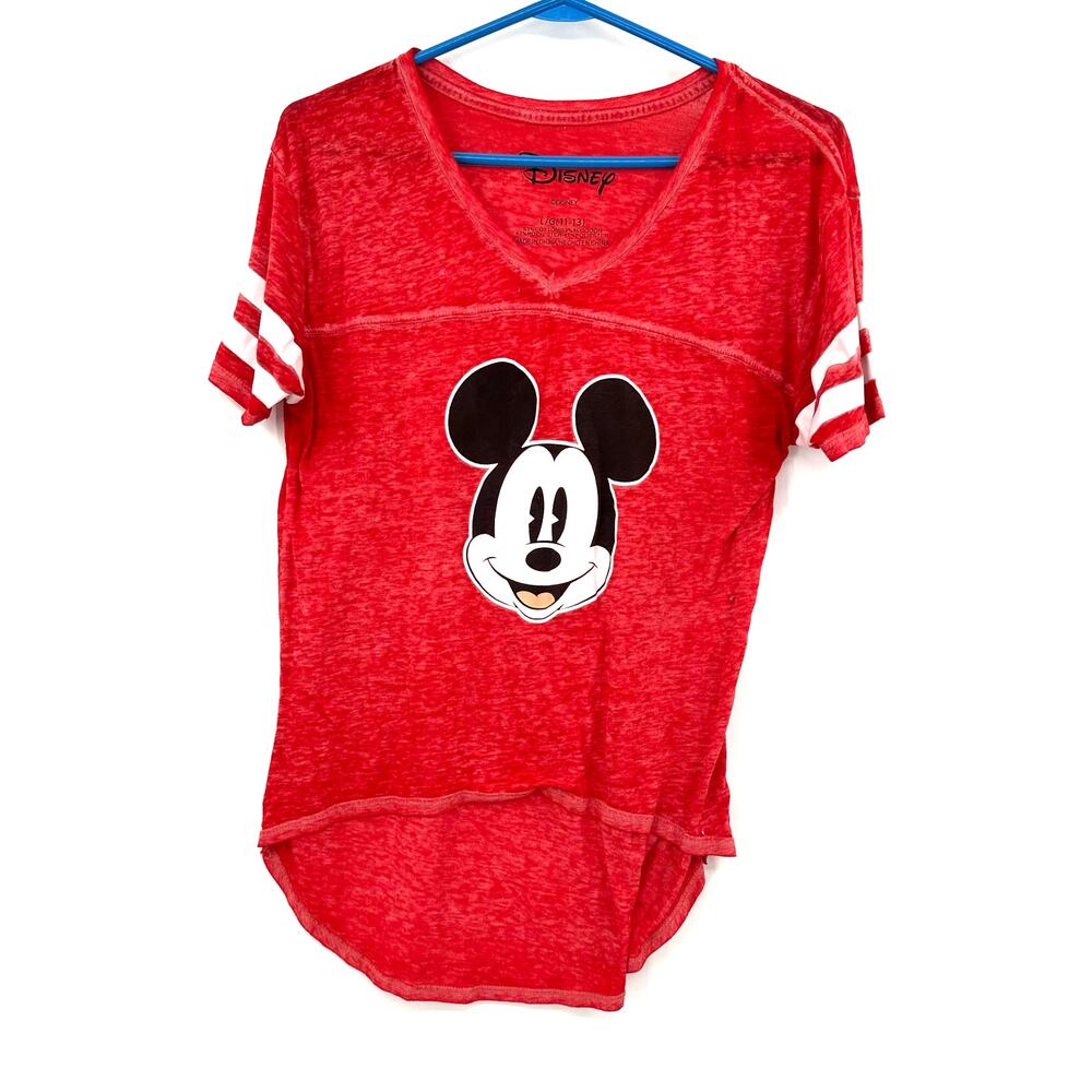 Disney Size Large Short Sleeve T-Shirt Top Shirt Red White Stripes Mickey Print